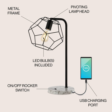 Penta 23.5" Industrial Farmhouse Head-Adjustable Iron LED Task Lamp with USB Charging Port - JONATHAN Y